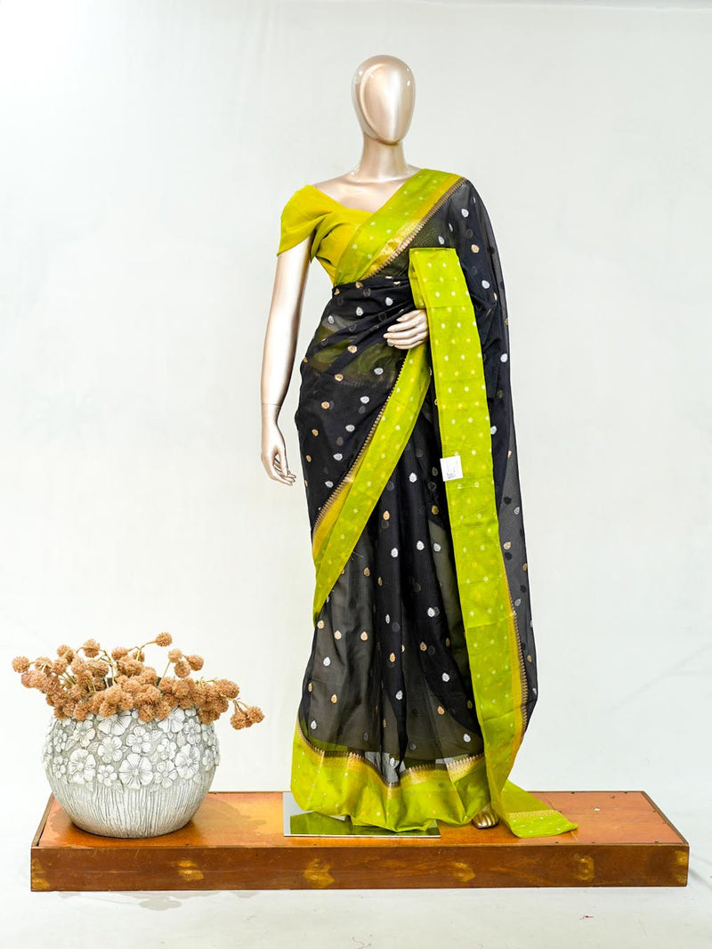 Premium Black Synthetic Kota Saree with Parrot Green Contrast Border  Dual-Tone Zari Buttas  SAN5476