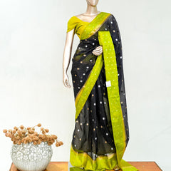 Premium Black Synthetic Kota Saree with Parrot Green Contrast Border  Dual-Tone Zari Buttas  SAN5476