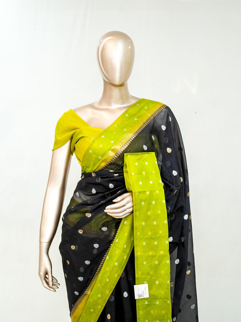 Premium Black Synthetic Kota Saree with Parrot Green Contrast Border  Dual-Tone Zari Buttas  SAN5476