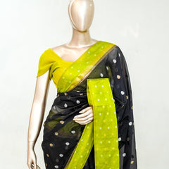 Premium Black Synthetic Kota Saree with Parrot Green Contrast Border  Dual-Tone Zari Buttas  SAN5476