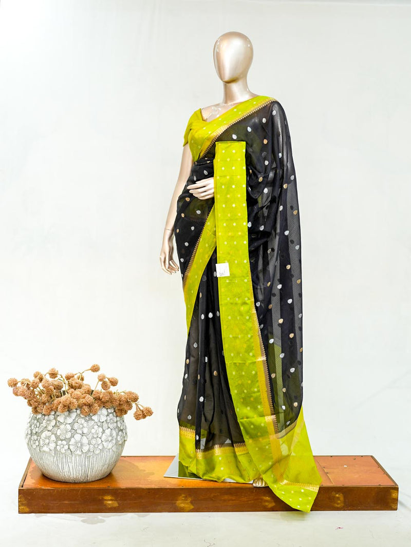 Premium Black Synthetic Kota Saree with Parrot Green Contrast Border  Dual-Tone Zari Buttas  SAN5476