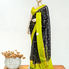 Premium Black Synthetic Kota Saree with Parrot Green Contrast Border  Dual-Tone Zari Buttas  SAN5476