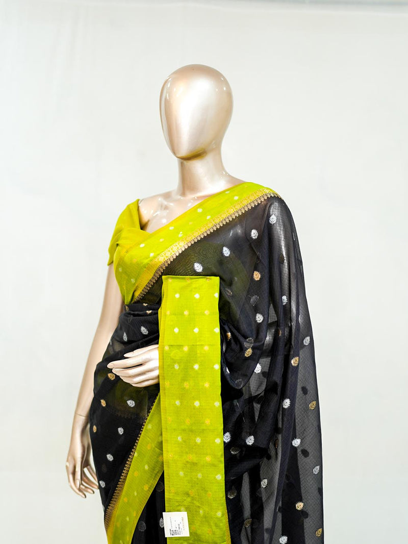 Premium Black Synthetic Kota Saree with Parrot Green Contrast Border  Dual-Tone Zari Buttas  SAN5476