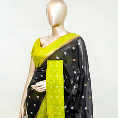 Premium Black Synthetic Kota Saree with Parrot Green Contrast Border  Dual-Tone Zari Buttas  SAN5476