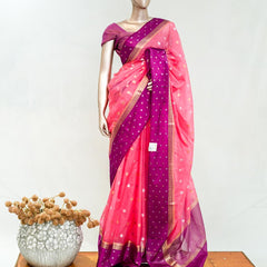 Premium Candy Pink Synthetic Kota Saree with Magenta Contrast Border Dual-Tone Zari Buttas SAN5476