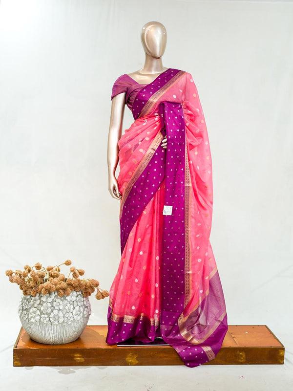 Premium Candy Pink Synthetic Kota Saree with Magenta Contrast Border Dual-Tone Zari Buttas SAN5476