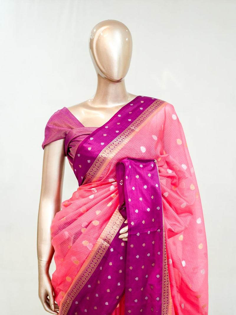 Premium Candy Pink Synthetic Kota Saree with Magenta Contrast Border Dual-Tone Zari Buttas SAN5476