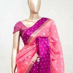 Premium Candy Pink Synthetic Kota Saree with Magenta Contrast Border Dual-Tone Zari Buttas SAN5476
