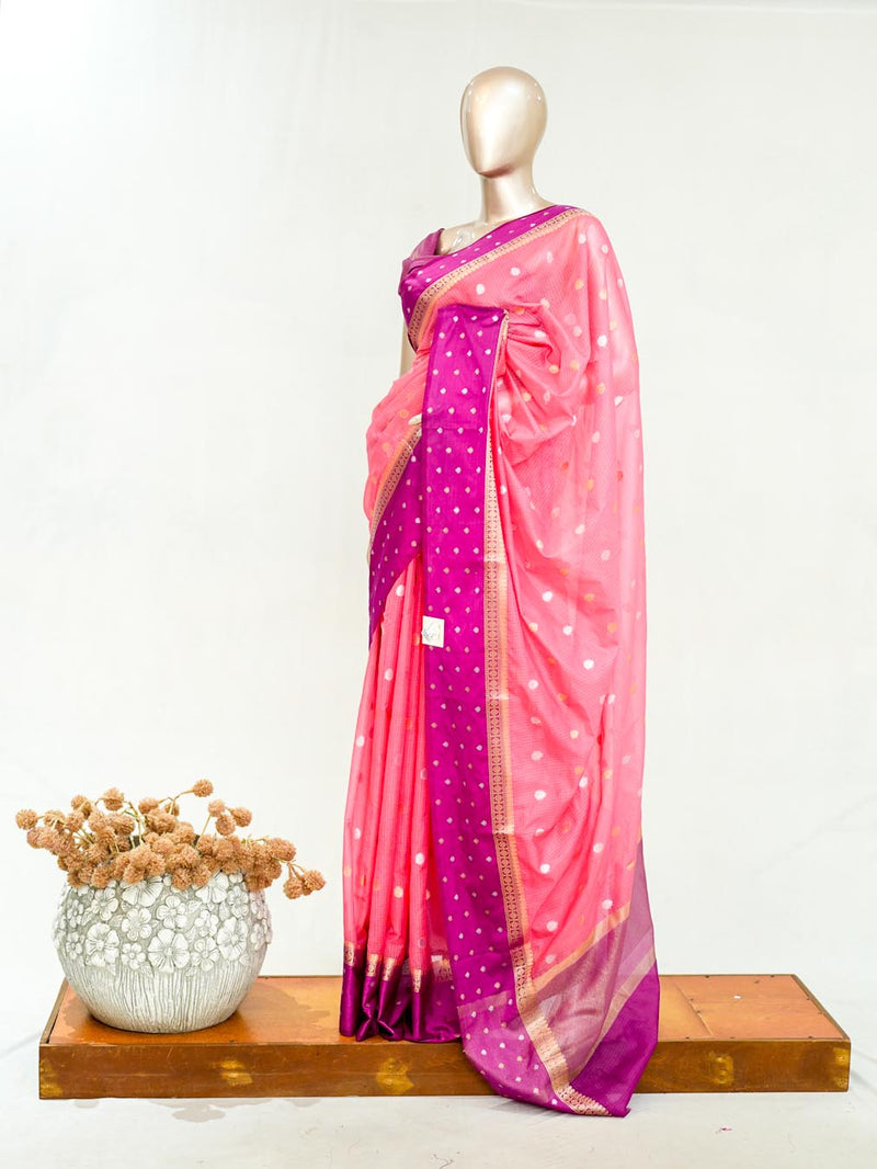 Premium Candy Pink Synthetic Kota Saree with Magenta Contrast Border Dual-Tone Zari Buttas SAN5476