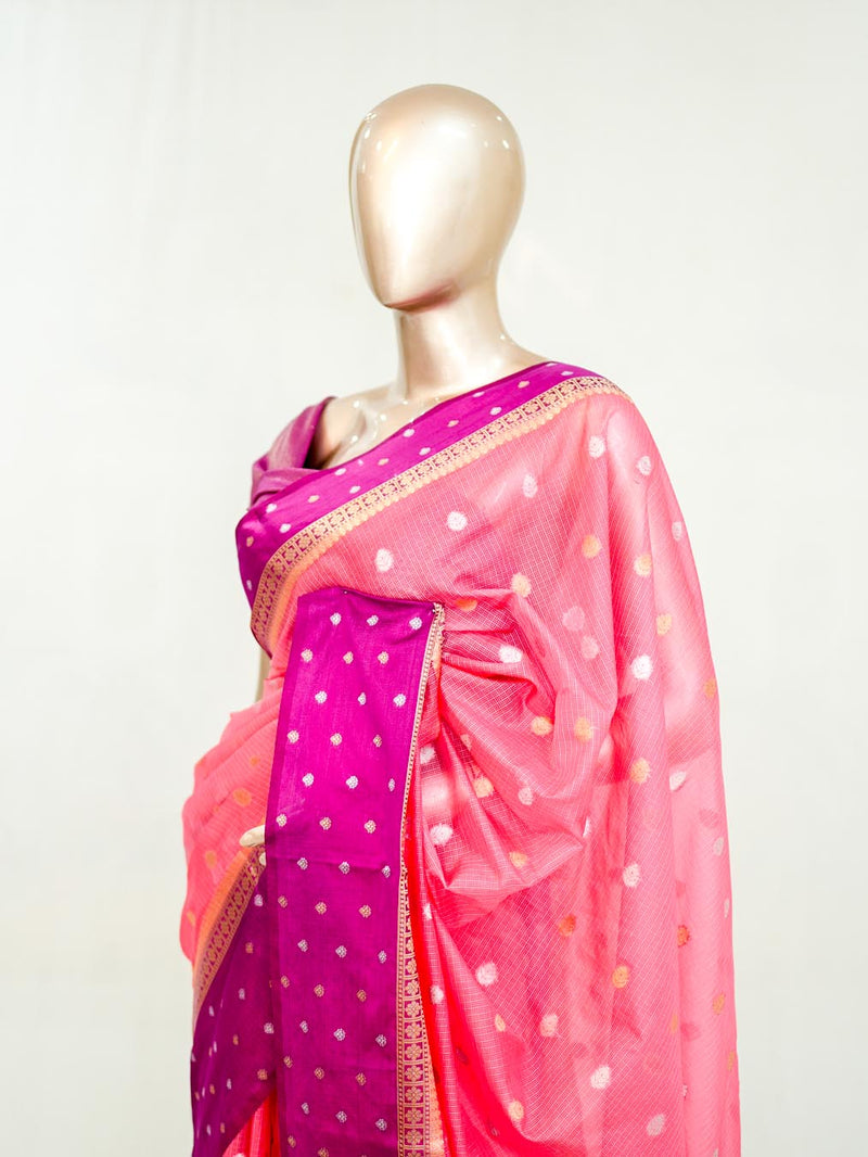 Premium Candy Pink Synthetic Kota Saree with Magenta Contrast Border Dual-Tone Zari Buttas SAN5476