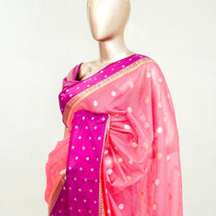 Premium Candy Pink Synthetic Kota Saree with Magenta Contrast Border Dual-Tone Zari Buttas SAN5476