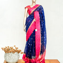 Premium Navy Blue Synthetic Kota Saree with Rani Pink Contrast Border Dual-Tone Za SAN5476