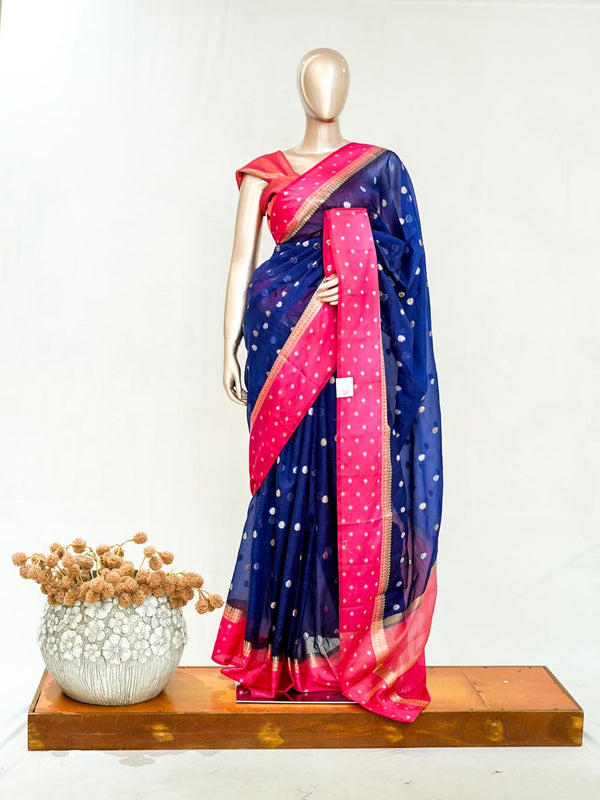 Premium Navy Blue Synthetic Kota Saree with Rani Pink Contrast Border Dual-Tone Za SAN5476