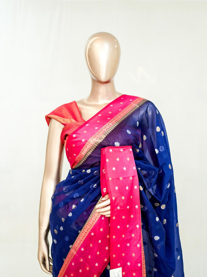 Premium Navy Blue Synthetic Kota Saree with Rani Pink Contrast Border Dual-Tone Za SAN5476