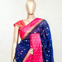 Premium Navy Blue Synthetic Kota Saree with Rani Pink Contrast Border Dual-Tone Za SAN5476