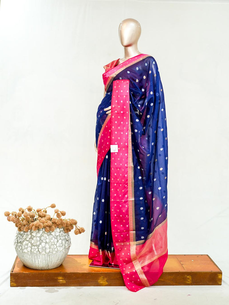 Premium Navy Blue Synthetic Kota Saree with Rani Pink Contrast Border Dual-Tone Za SAN5476