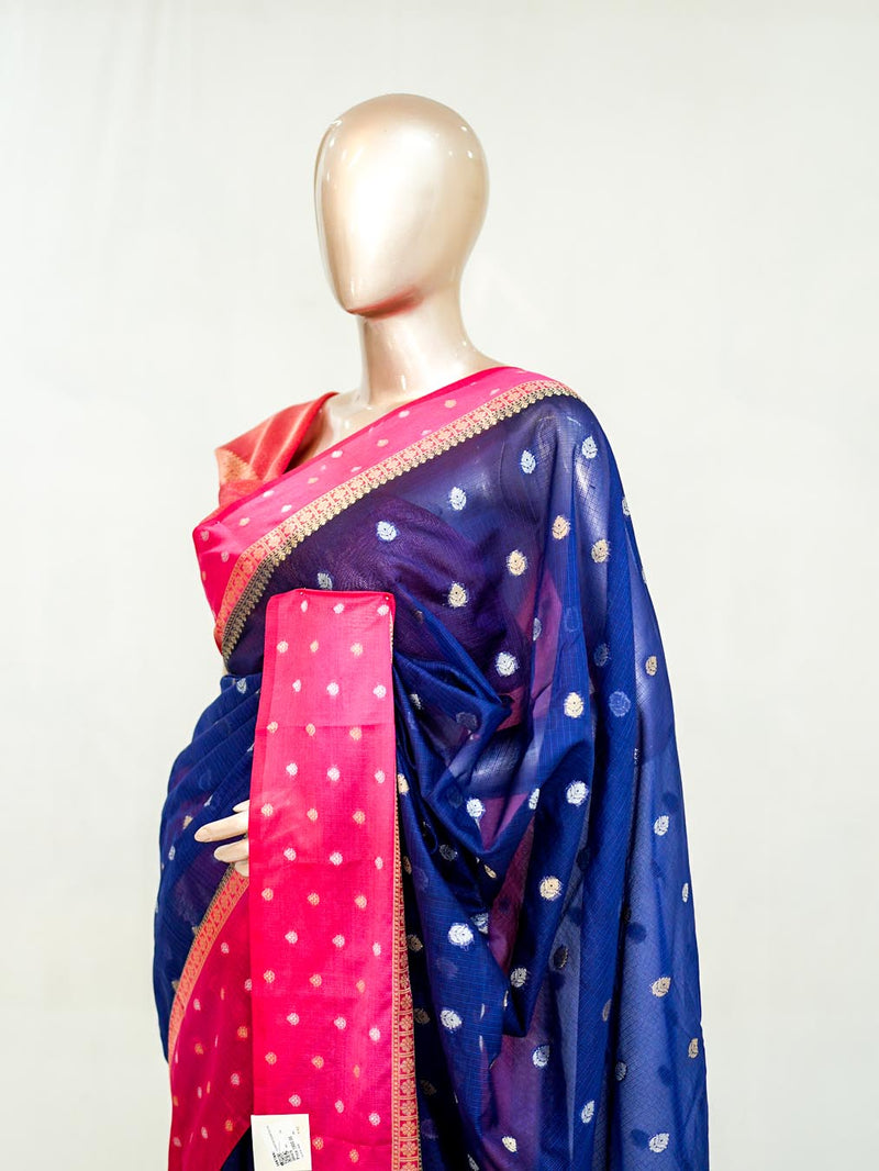 Premium Navy Blue Synthetic Kota Saree with Rani Pink Contrast Border Dual-Tone Za SAN5476