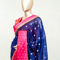 Premium Navy Blue Synthetic Kota Saree with Rani Pink Contrast Border Dual-Tone Za SAN5476