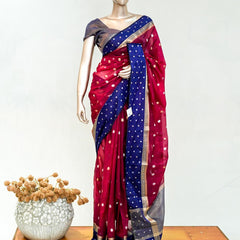 Premium Ruby Red Royal Blue Synthetic Kota Saree with Antique Gold Zari Buttas SAN5476