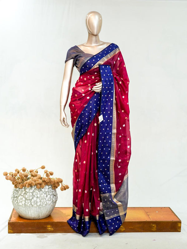Premium Ruby Red Royal Blue Synthetic Kota Saree with Antique Gold Zari Buttas SAN5476