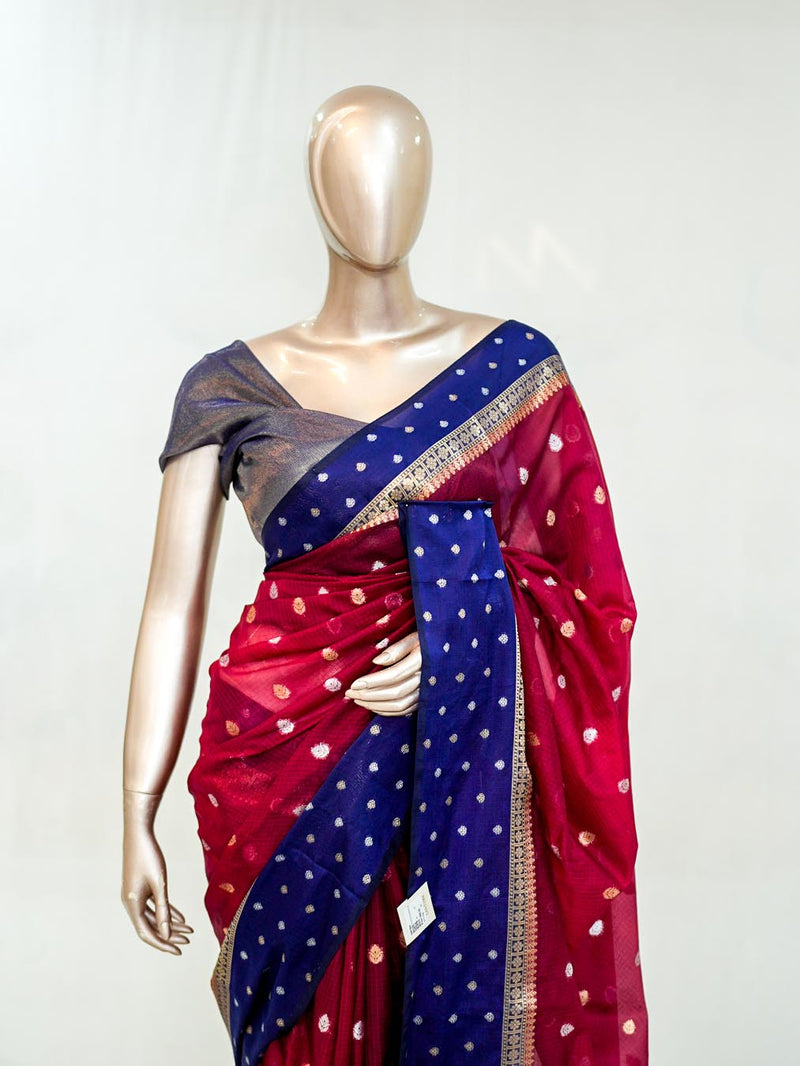 Premium Ruby Red Royal Blue Synthetic Kota Saree with Antique Gold Zari Buttas SAN5476