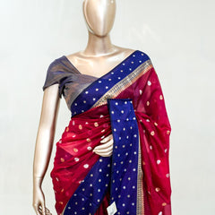 Premium Ruby Red Royal Blue Synthetic Kota Saree with Antique Gold Zari Buttas SAN5476