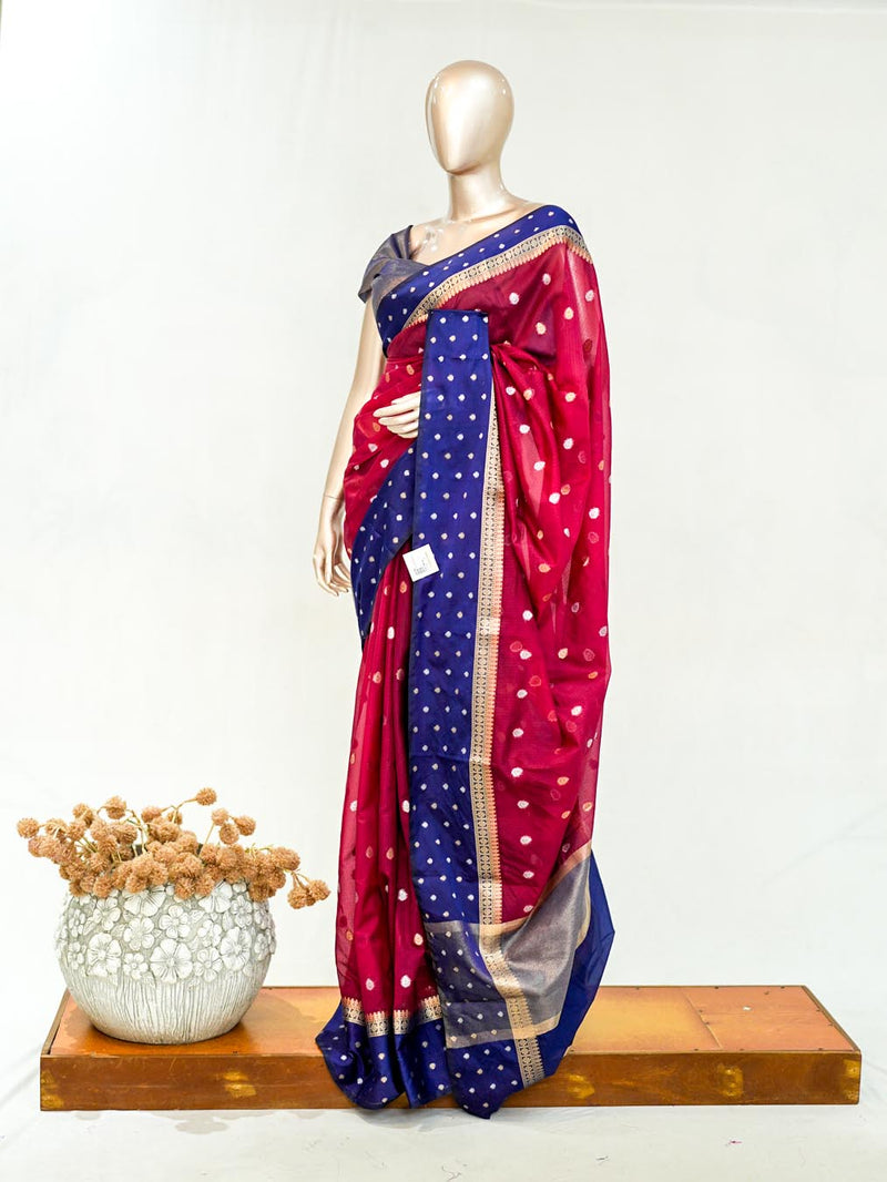 Premium Ruby Red Royal Blue Synthetic Kota Saree with Antique Gold Zari Buttas SAN5476