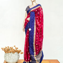 Premium Ruby Red Royal Blue Synthetic Kota Saree with Antique Gold Zari Buttas SAN5476