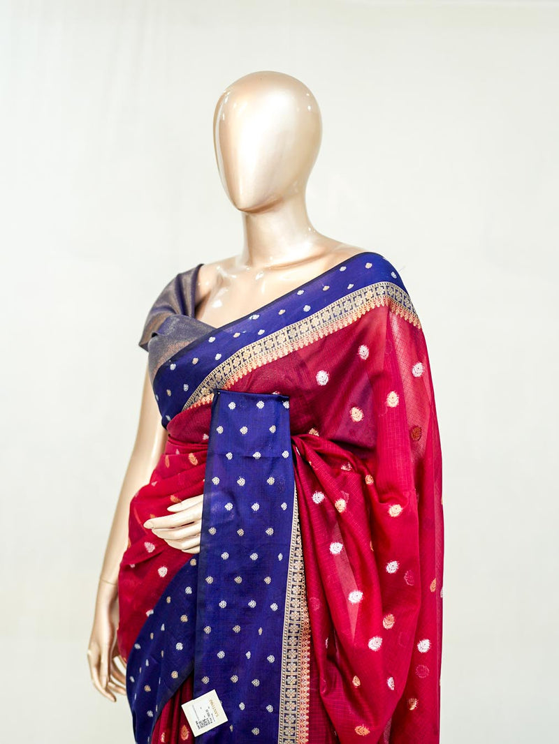 Premium Ruby Red Royal Blue Synthetic Kota Saree with Antique Gold Zari Buttas SAN5476