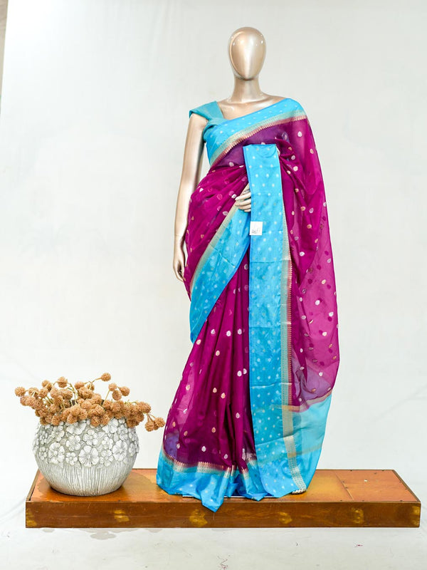 Premium Magenta Sky Blue Synthetic Kota Saree with Antique Gold Zari Buttas SAN5476