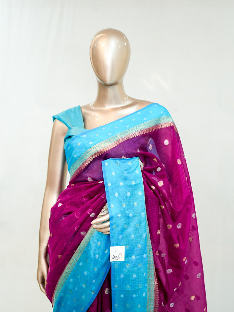 Premium Magenta Sky Blue Synthetic Kota Saree with Antique Gold Zari Buttas SAN5476