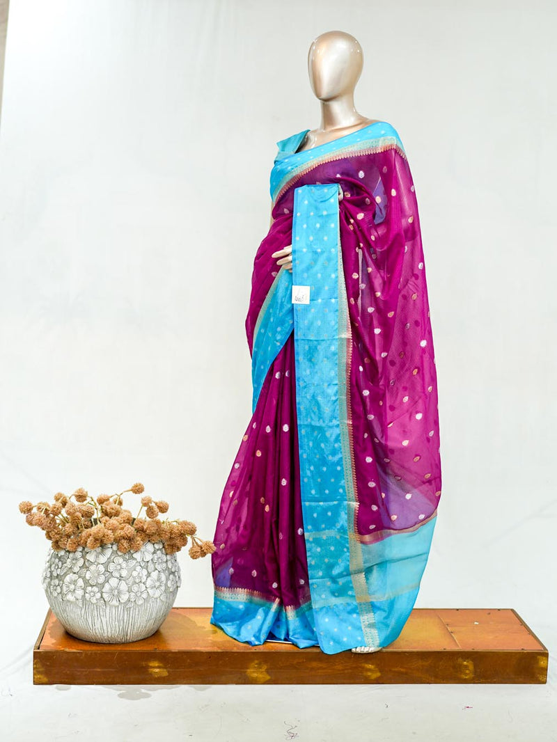 Premium Magenta Sky Blue Synthetic Kota Saree with Antique Gold Zari Buttas SAN5476