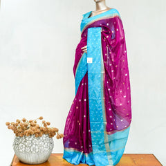 Premium Magenta Sky Blue Synthetic Kota Saree with Antique Gold Zari Buttas SAN5476