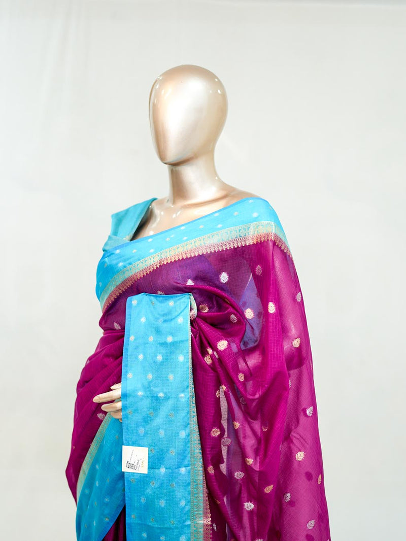 Premium Magenta Sky Blue Synthetic Kota Saree with Antique Gold Zari Buttas SAN5476