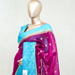 Premium Magenta Sky Blue Synthetic Kota Saree with Antique Gold Zari Buttas SAN5476
