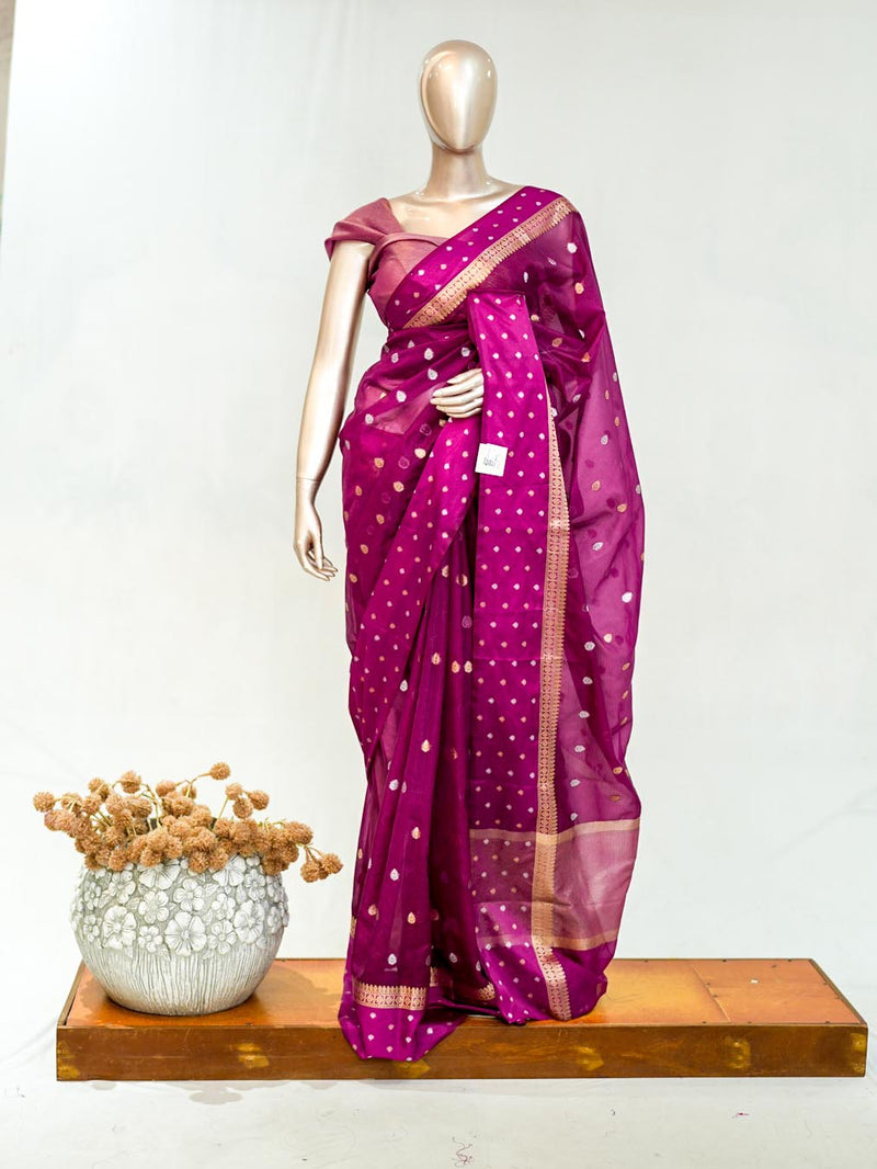 Premium Deep Magenta Synthetic Kota Saree with Antique Gold Zari Buttas SAN5476