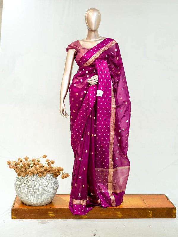 Premium Deep Magenta Synthetic Kota Saree with Antique Gold Zari Buttas SAN5476