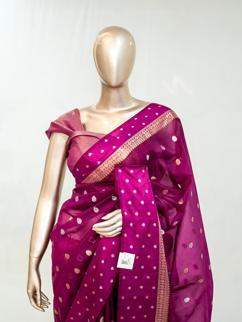 Premium Deep Magenta Synthetic Kota Saree with Antique Gold Zari Buttas SAN5476