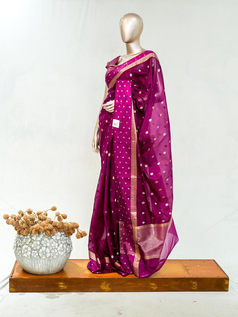 Premium Deep Magenta Synthetic Kota Saree with Antique Gold Zari Buttas SAN5476