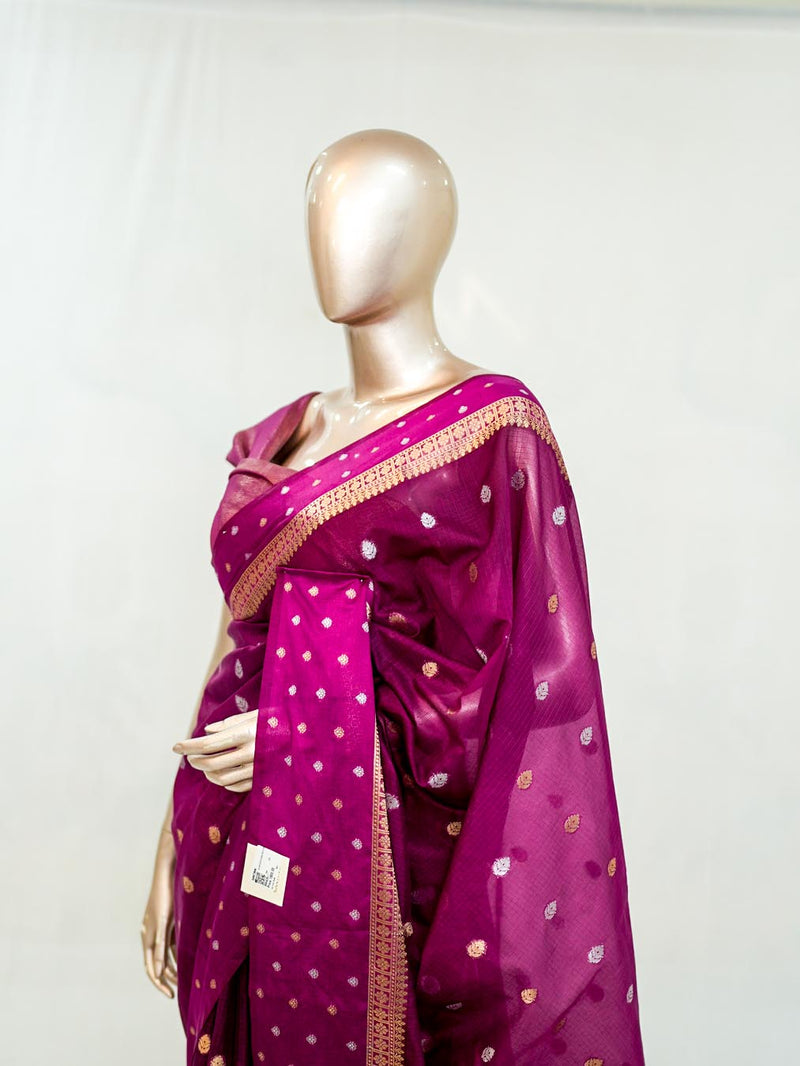Premium Deep Magenta Synthetic Kota Saree with Antique Gold Zari Buttas SAN5476