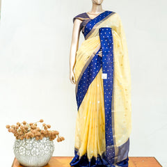 Premium Butter Yellow Royal Blue Synthetic Kota Saree with Antique Gold Zari Buttas SAN5476