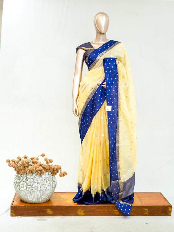 Premium Butter Yellow Royal Blue Synthetic Kota Saree with Antique Gold Zari Buttas SAN5476