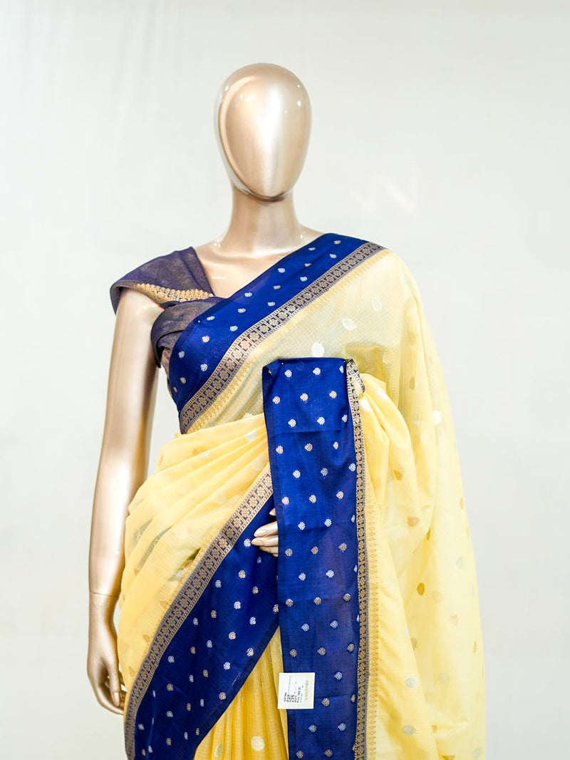 Premium Butter Yellow Royal Blue Synthetic Kota Saree with Antique Gold Zari Buttas SAN5476