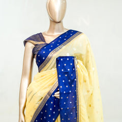 Premium Butter Yellow Royal Blue Synthetic Kota Saree with Antique Gold Zari Buttas SAN5476