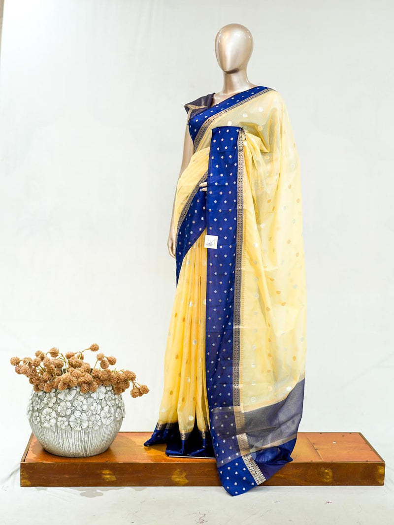 Premium Butter Yellow Royal Blue Synthetic Kota Saree with Antique Gold Zari Buttas SAN5476