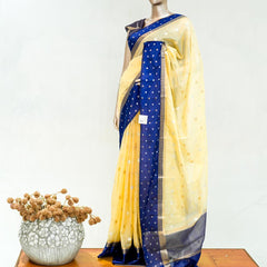Premium Butter Yellow Royal Blue Synthetic Kota Saree with Antique Gold Zari Buttas SAN5476