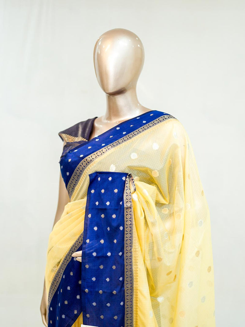 Premium Butter Yellow Royal Blue Synthetic Kota Saree with Antique Gold Zari Buttas SAN5476