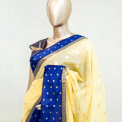 Premium Butter Yellow Royal Blue Synthetic Kota Saree with Antique Gold Zari Buttas SAN5476