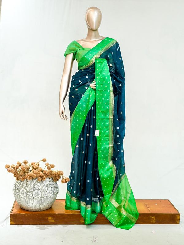 Premium Butter Yellow Royal Blue Synthetic Kota Saree with Antique Gold Zari Buttas SAN5476