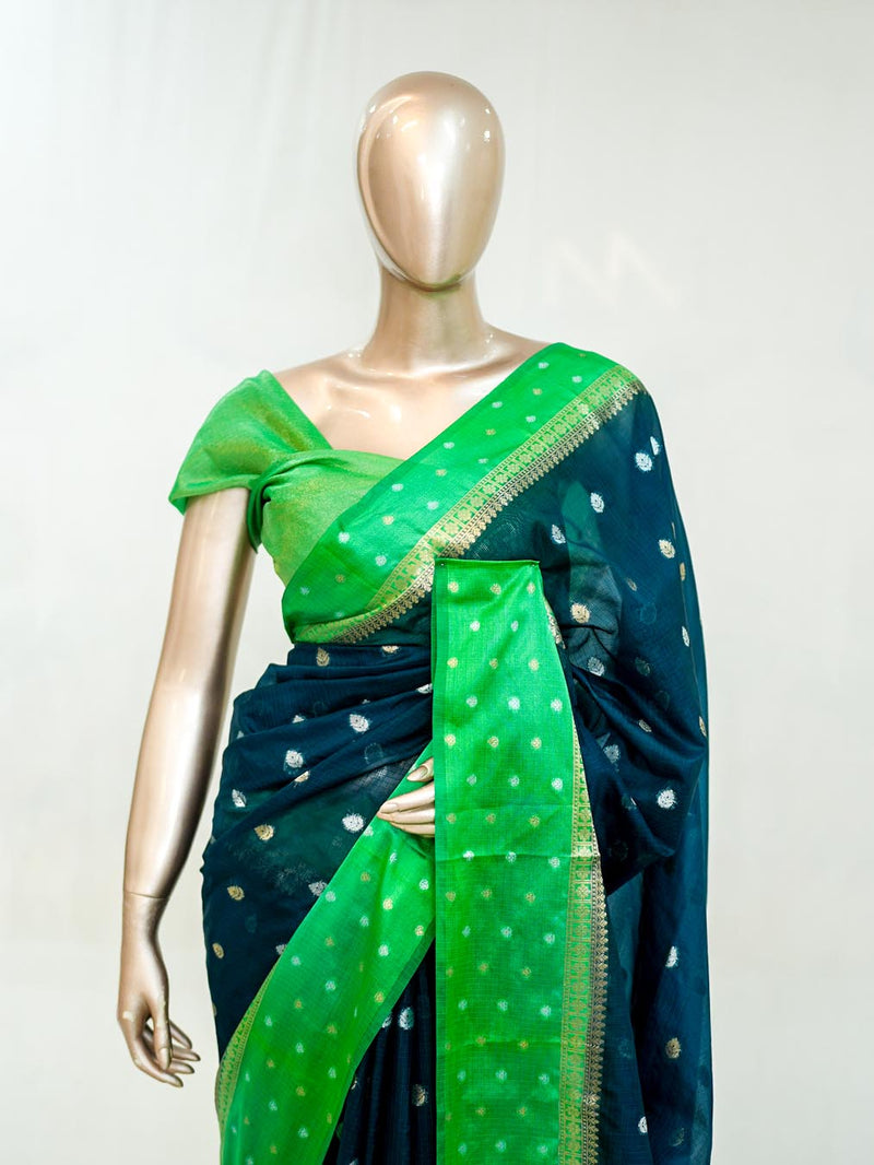 Premium Butter Yellow Royal Blue Synthetic Kota Saree with Antique Gold Zari Buttas SAN5476